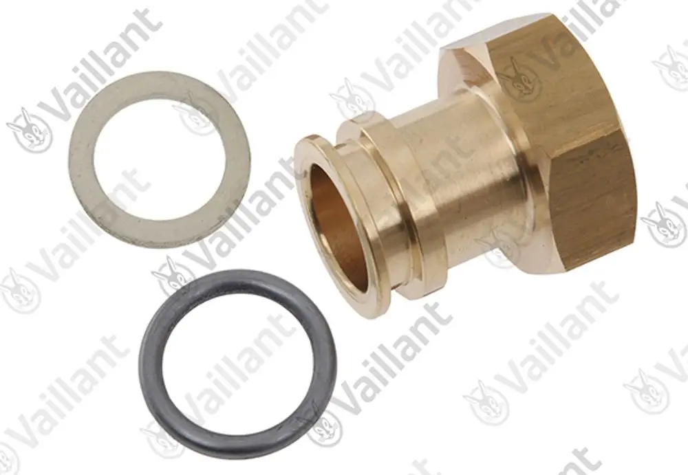 Vaillant Adapter aus Messing mit zwei Dichtungen, einer silbernen und einer schwarzen, zur Verbindung von Komponenten in Heizsystemen.
